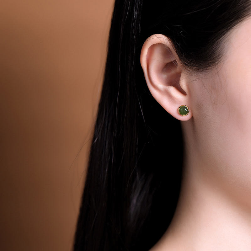 KarmaRipple's 925 Sterling Silver Plated Gold Authentic Hetian Cyan Jade Bead Fortune Stud Earrings p6