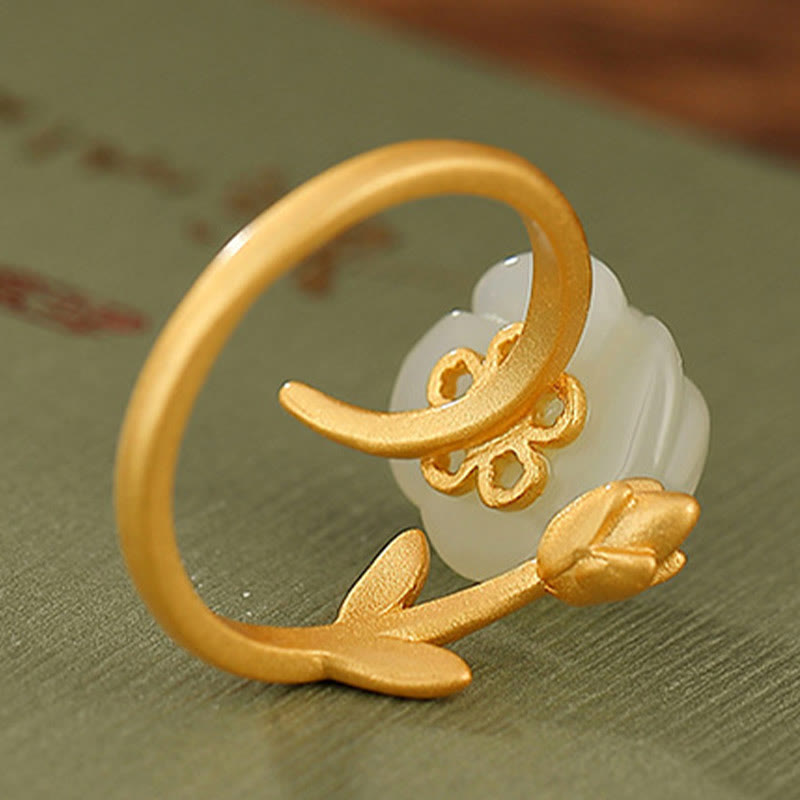 KarmaRipple's 925 Sterling Silver Plated Gold Rose Flower Hetian Ivory Jade Happiness Ring p6