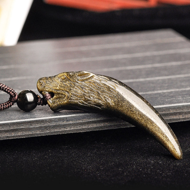 KarmaRipple's Authentic Black Obsidian Ice Obsidian Rainbow Obsidian Wolf Tooth Pattern Strength Pendant Necklace p21