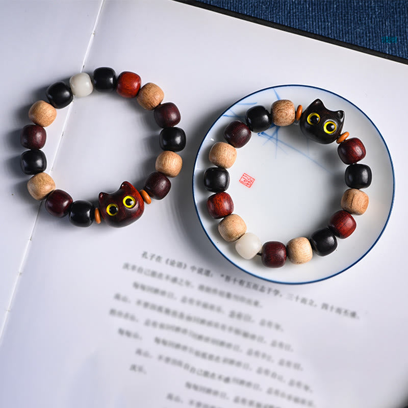 KarmaRipple's Small Leaf Red Sandalwood Ebony Wood Cute Cat Engraved Protection Bracelet p22