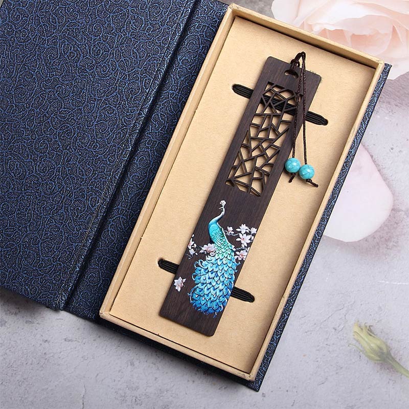 KarmaRipple's Blue Peacock Ebony Wood Bookmarks With Gift Box p2