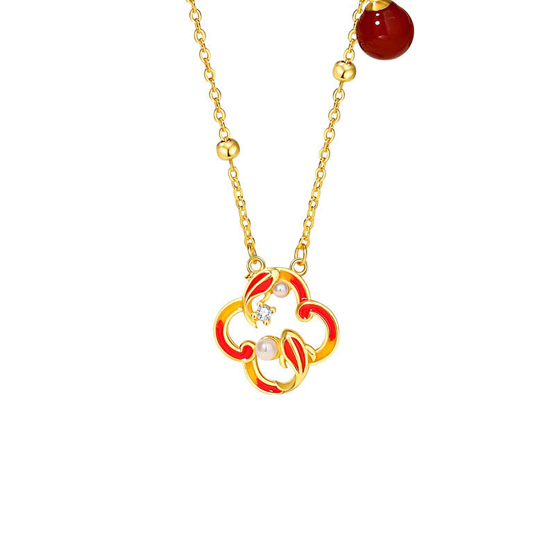 KarmaRipple's 925 Sterling Silver Four Leaf Clover Koi Fish Red Agate Pearl Wealth Bracelet Pendant Necklace Earrings Set p10