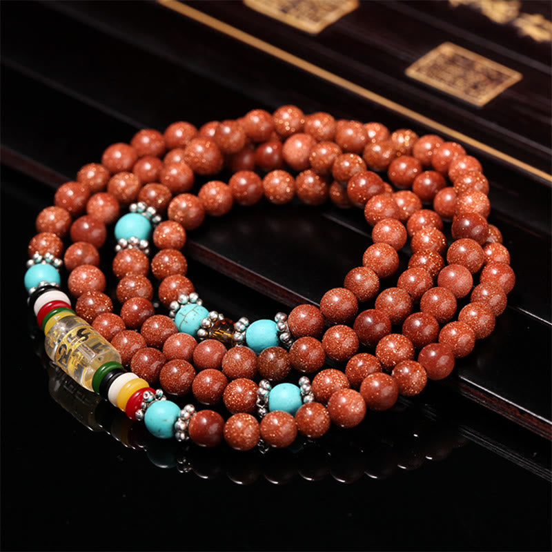 KarmaRipple's 108 Mala Beadwork Goldstone Om Mani Padme Hum Swastika Confidence Bracelet p7
