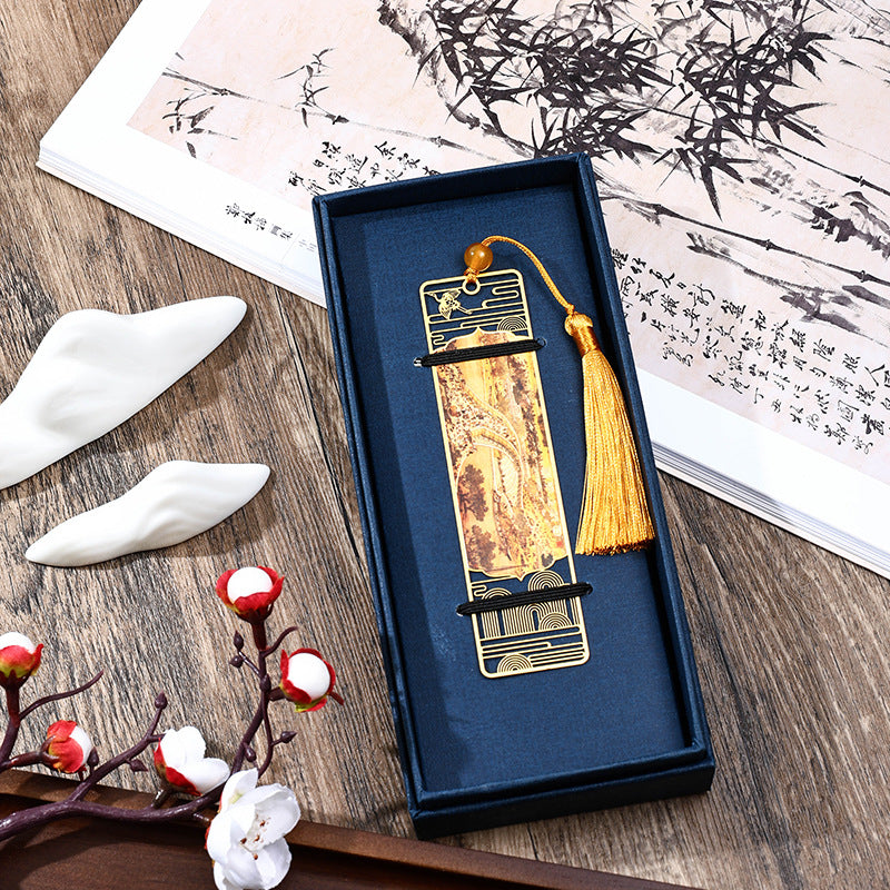 KarmaRipple's A Panorama of Rivers and Mountains Metal Hollow Bookmarks Tassel With Gift Box ( p16