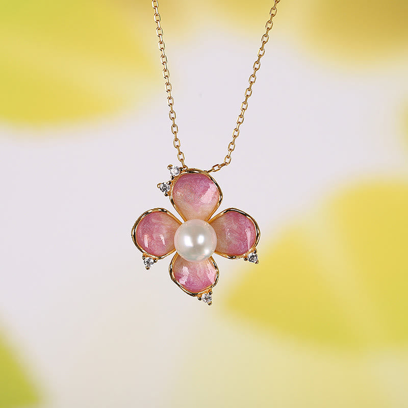 KarmaRipple's 925 Sterling Silver Pearl Red Flower Petals Design Wisdom Pendant Necklace Earrings Set p2