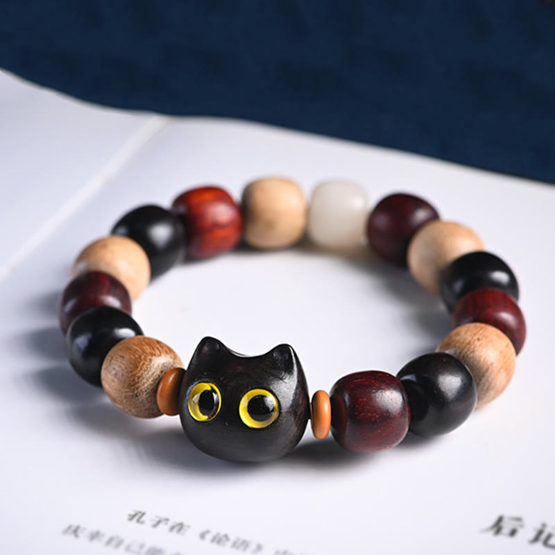 KarmaRipple's Small Leaf Red Sandalwood Ebony Wood Cute Cat Engraved Protection Bracelet p6