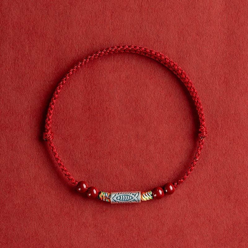 KarmaRipple's 925 Sterling Silver Koi Fish Cinnabar Bead Wealth Handcrafted Woven Bracelet Anklet p27