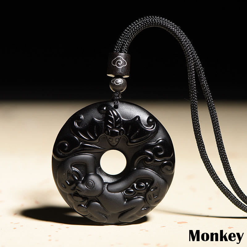 KarmaRipple's Chinese Zodiac Authentic Black Obsidian Peace Buckle Strength Pendant Necklace p9