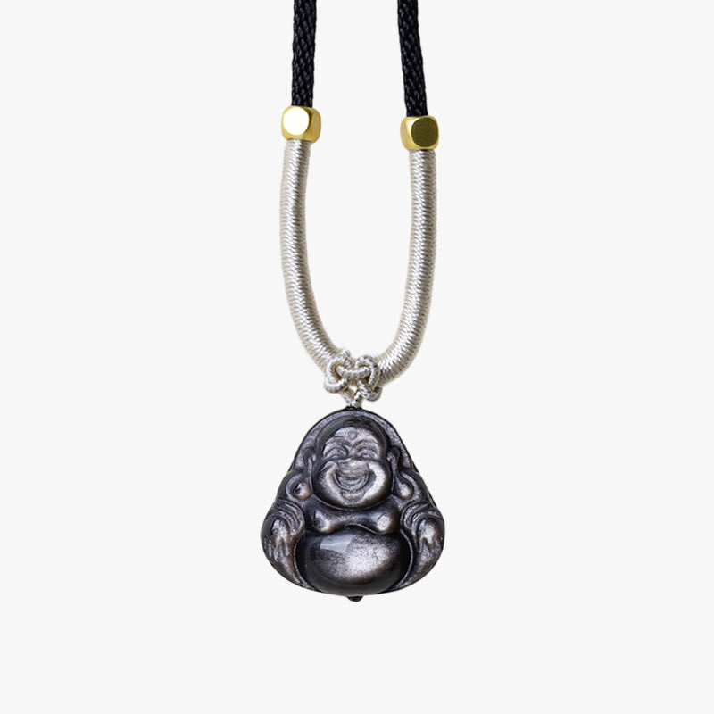 KarmaRipple's Authentic Silver Sheen Obsidian Laughing Buddha Protection Pendant Necklace p10