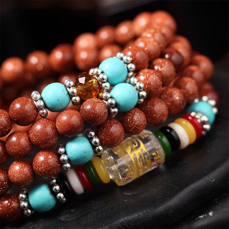 KarmaRipple's 108 Mala Beadwork Goldstone Om Mani Padme Hum Swastika Confidence Bracelet p4