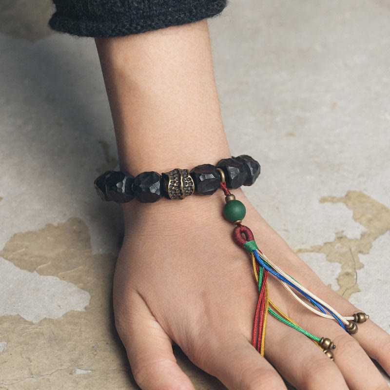 KarmaRipple's Tibet Ebony Wood Bronze Peace Tassel Wrist Mala Bracelet p5