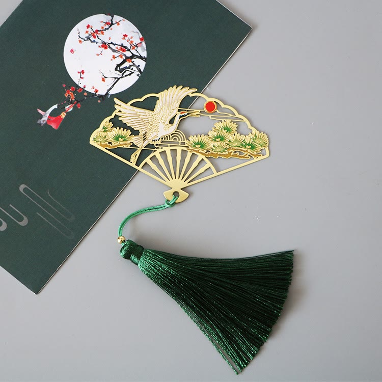 KarmaRipple's Traditional Butterfly Lotus Flower Crane Dragon Phoenix Fox Koi Fish New Beginning Metal Brass Hollow Fan Bookmarks p35
