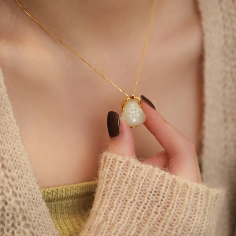 KarmaRipple's 925 Sterling Silver Authentic Hetian Jade Laughing Buddha Abundance Chain Pendant Necklace p4