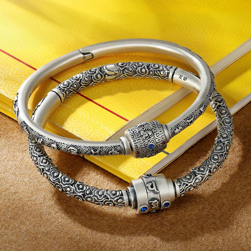 KarmaRipple's 990 Sterling Silver Tibetan Auspicious Clouds Om Mani Padme Hum Engraved Creativity Bracelet Bangle p3