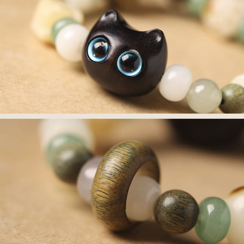 KarmaRipple's Bodhi Seed Green Sandalwood Ebony Wood Small Leaf Red Sandalwood Cat Head Paw Claw Peace Bracelet p9