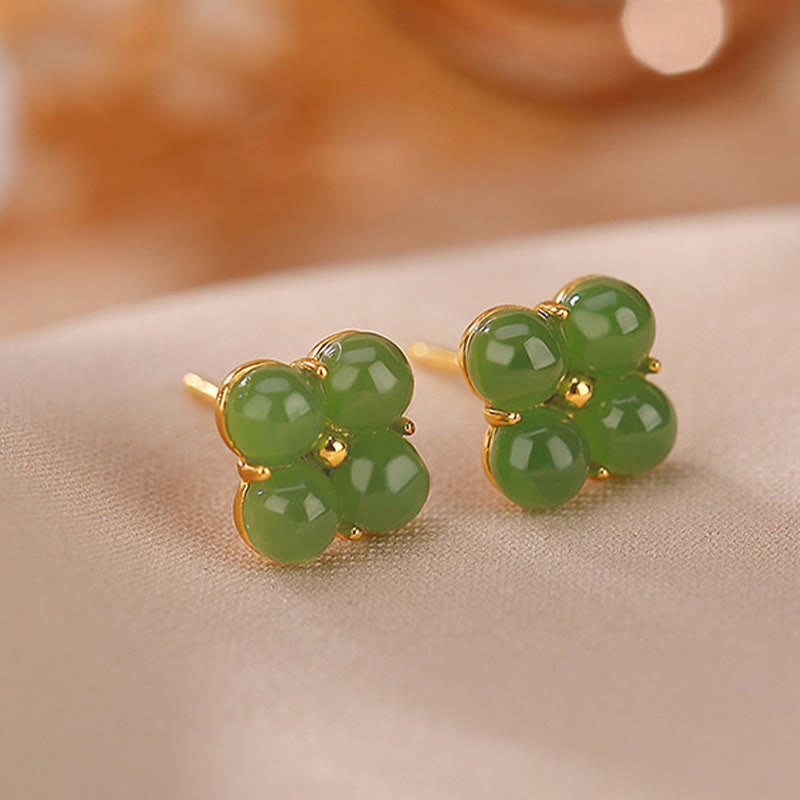 KarmaRipple's 925 Sterling Silver Plated Gold Authentic Cyan Jade Four Leaf Clover Fortune Stud Earrings p4
