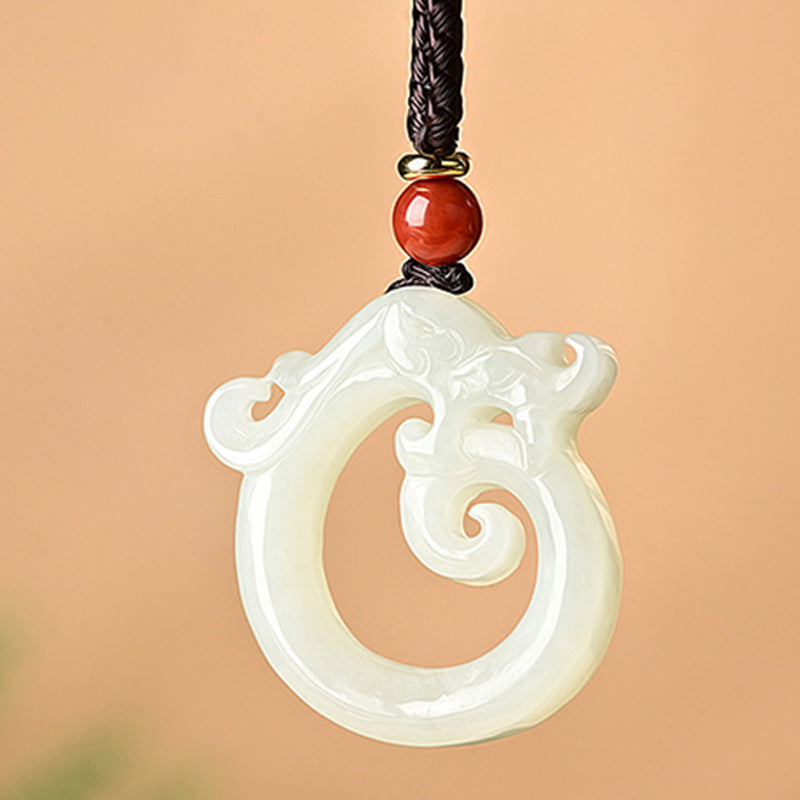 KarmaRipple's Ivory Jade Cyan Jade Dragon Protection Pendant String Necklace p8