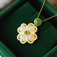 KarmaRipple's 925 Sterling Silver Fortunate Four Leaf Clover Jade Prosperity Pendant Chain Necklace