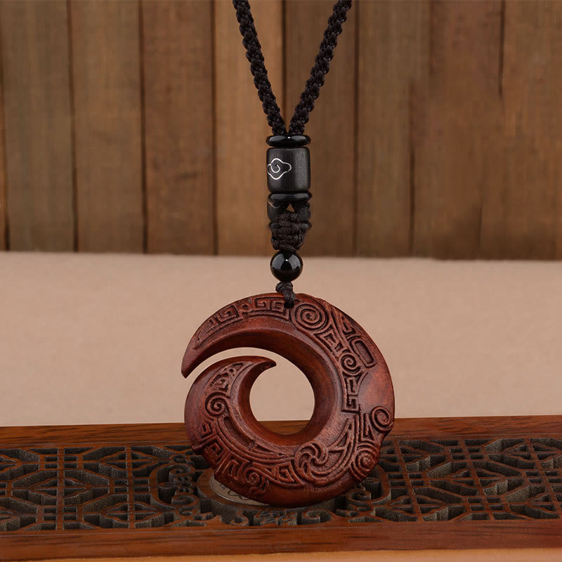 KarmaRipple's Small Leaf Red Sandalwood Ebony Wood One's Fortune Improves Design Patern Protection Pendant Necklace p1