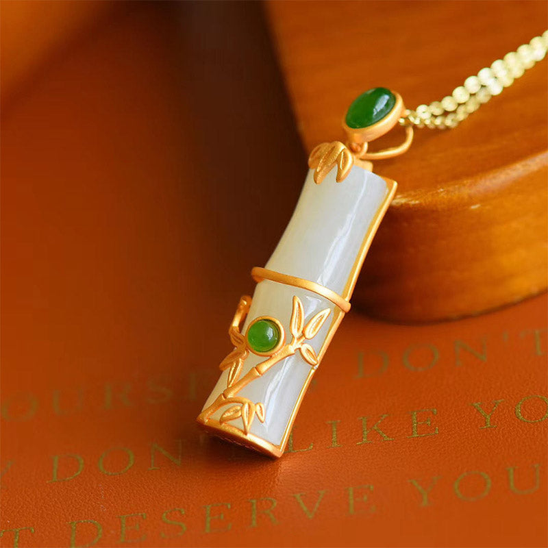 KarmaRipple's Ivory Jade Cyan Jade Bamboo Protection Pendant Necklace p3