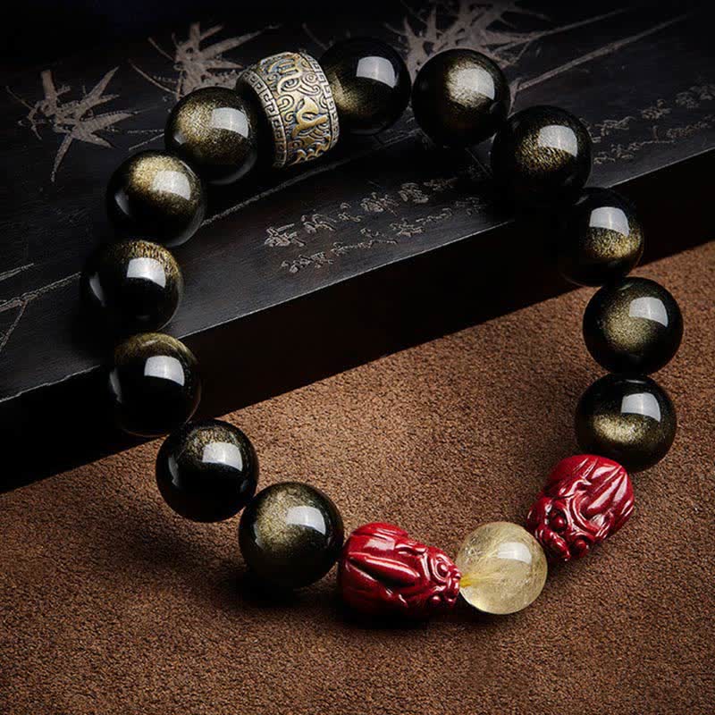 KarmaRipple's Gold Sheen Obsidian PiXiu Cinnabar Om Mani Padme Hum Protection Bracelet p2
