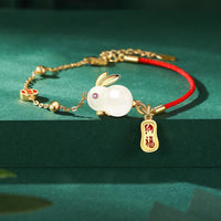 KarmaRipple's Year of the Rabbit Ivory Jade Happiness Red String Chain Bracelet