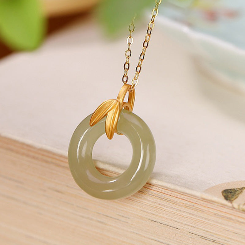KarmaRipple's 925 Sterling Silver Cyan Jade Peace Buckle Bamboo Leaf Balance Pendant Necklace p9