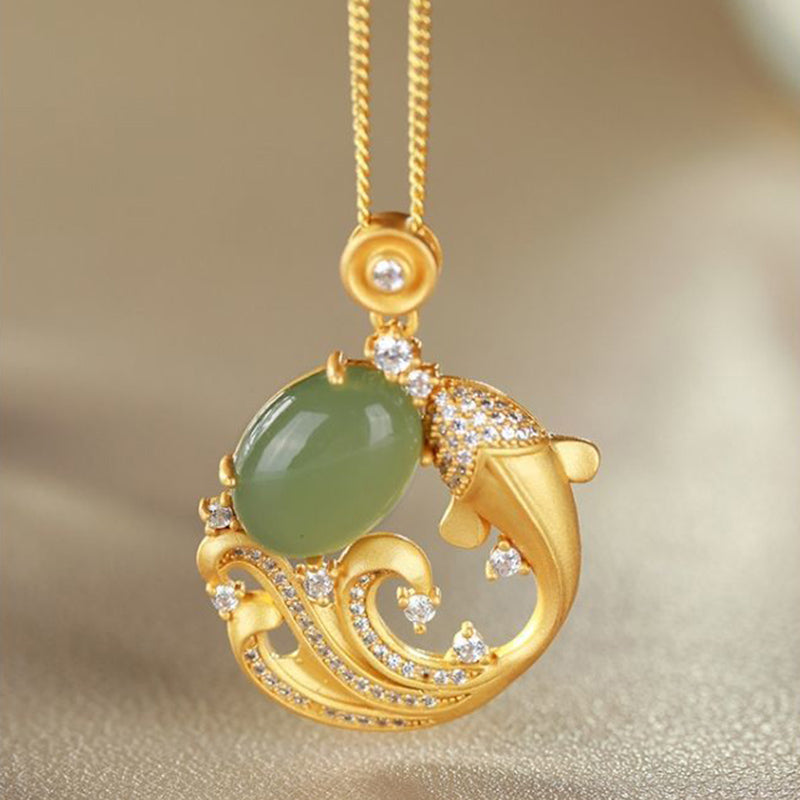 KarmaRipple's Cyan Jade Koi Fish Balancing Calm Pendant Necklace p2