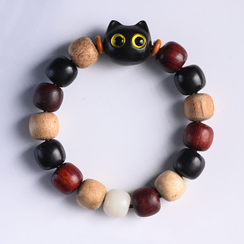 KarmaRipple's Small Leaf Red Sandalwood Ebony Wood Cute Cat Engraved Protection Bracelet p5