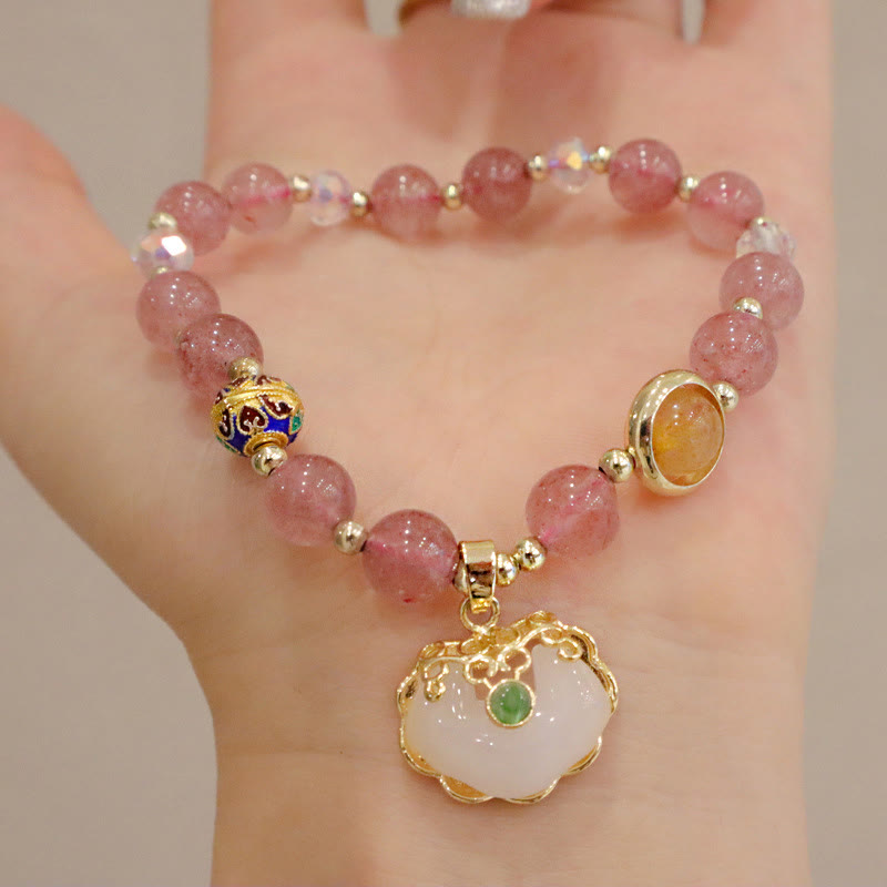 KarmaRipple's Strawberry Quartz Green Gemstone Amethyst Balancing Chinese Lock Talisman Bracelet p8