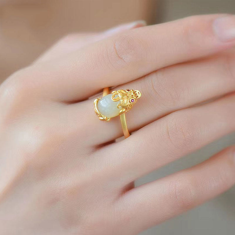 KarmaRipple's 18k Gold-plated Pixiu Jade Wealth Ring p12