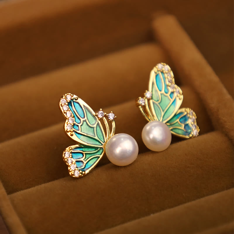 KarmaRipple's 925 Sterling Silver Posts 18K Gold Plated Bronze Authentic Pearl Butterfly Balancing Stud Earrings p1