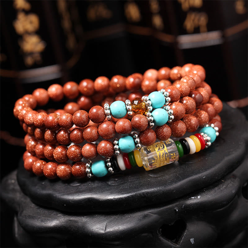KarmaRipple's 108 Mala Beadwork Goldstone Om Mani Padme Hum Swastika Confidence Bracelet p2