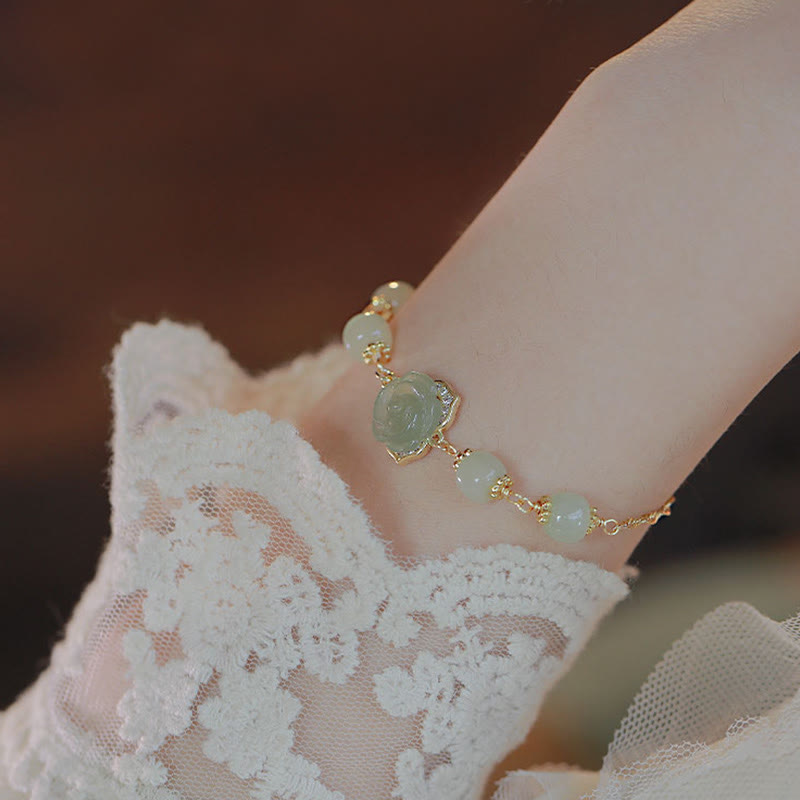 KarmaRipple's 14K Gold Plated Hetian Jade Rose Flower Fortune Chain Bracelet p6