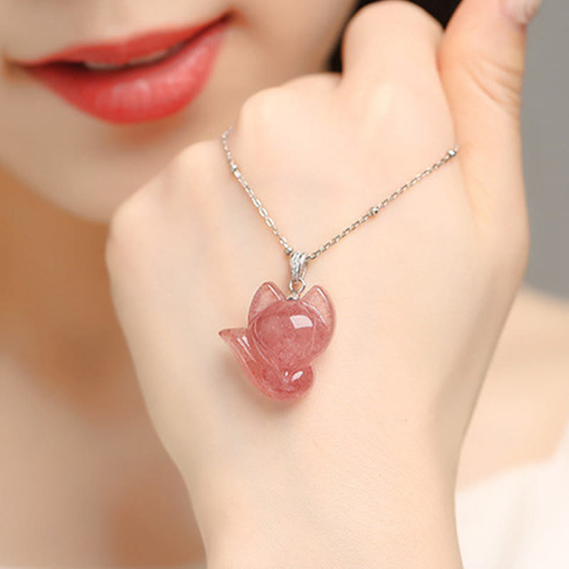 KarmaRipple's 14k Gold Plated 925 Sterling Silver Strawberry Quartz Fox Balancing Pendant Necklace p7