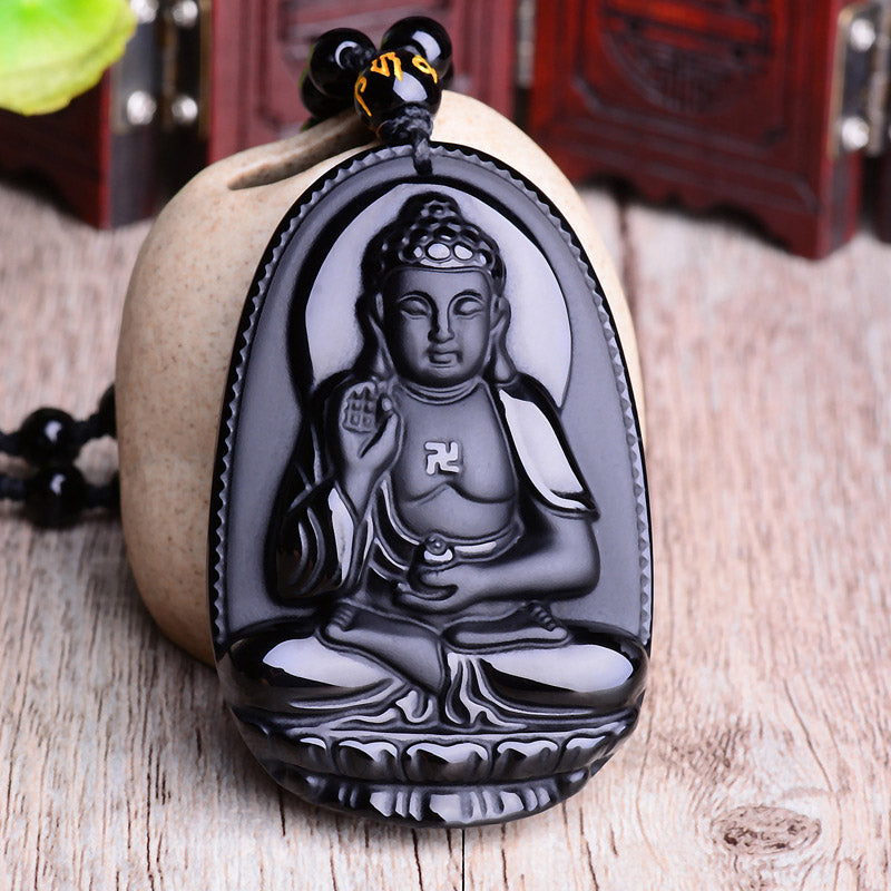 KarmaRipple's Chinese Zodiac Obsidian Buddha Amulet Protection Necklace Pendant p21