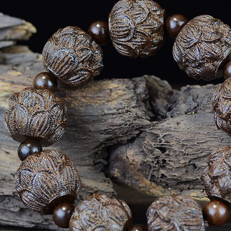 KarmaRipple's Ebony Wood Eighteen Arhats Lotus Dragon Engraved Balance Bracelet p7