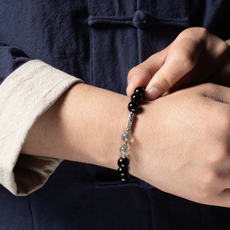 KarmaRipple's 925 Sterling Silver Obsidian Moonstone Strength Pair Bracelet p9