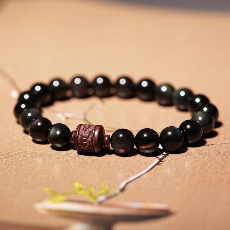KarmaRipple's Authentic Gold Sheen Obsidian Rainbow Obsidian Om Mani Padme Hum Fu Character Balancing Bracelet p6
