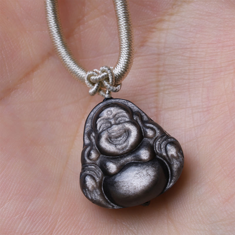 KarmaRipple's Authentic Silver Sheen Obsidian Laughing Buddha Protection Pendant Necklace p4