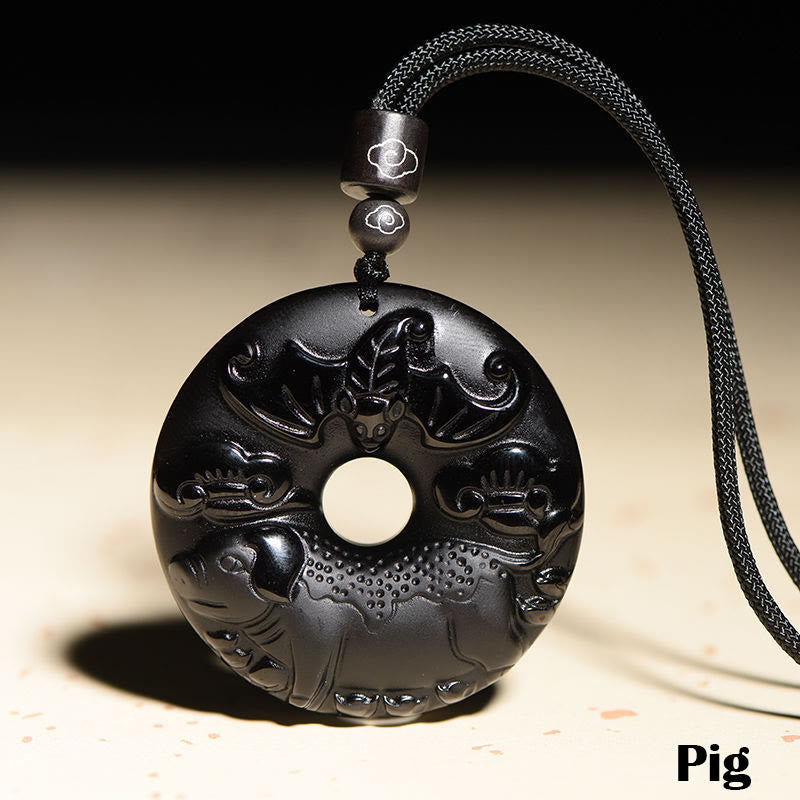 KarmaRipple's Chinese Zodiac Authentic Black Obsidian Peace Buckle Strength Pendant Necklace p12