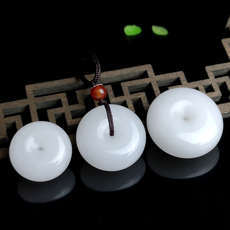 KarmaRipple's Round Hetian Ivory Jade Peace Buckle Blessing Pendant Necklace p4