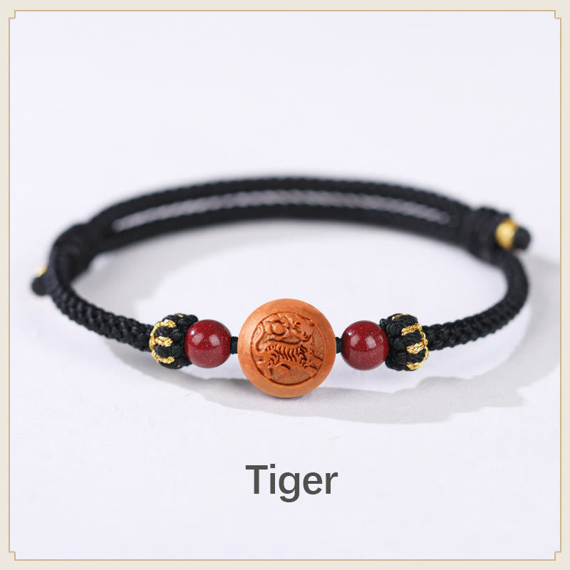 KarmaRipple's Authentic Peach Wood Chinese Zodiac Fu Character Carved Cinnabar Wealth Bracelet p43