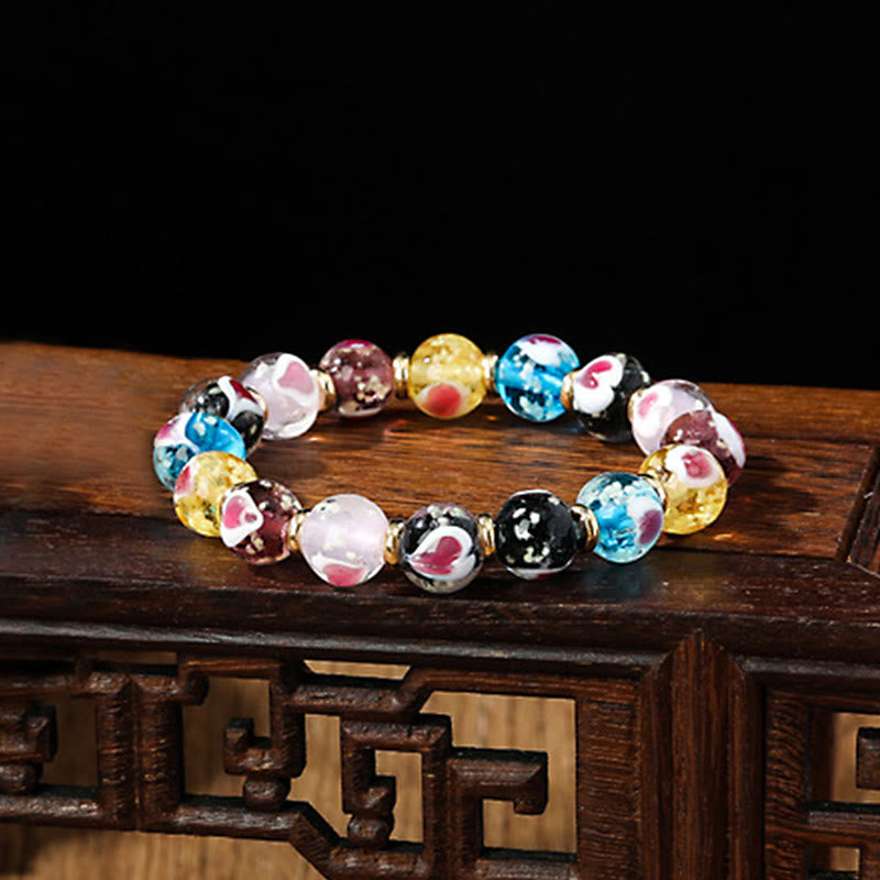 KarmaRipple's Gold Swallowing Beast Family Pink Love Heart Luminous Fluorescent Liuli Glass Bead Bracelet p2