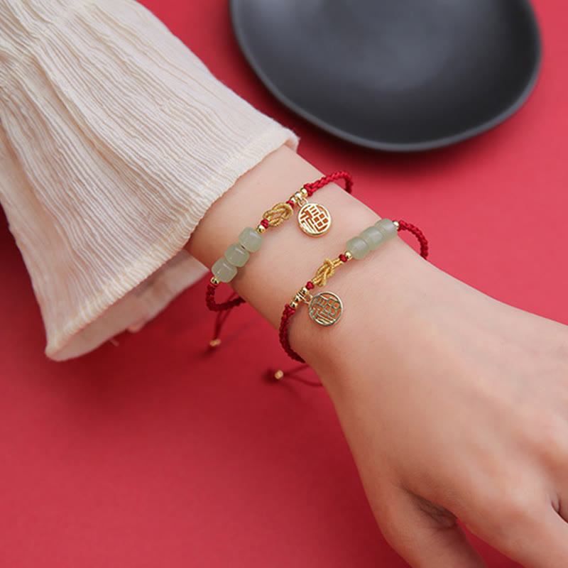 KarmaRipple's Handcrafted Jade Bead Fu Character Talisman Fortune Red Rope Bracelet p12