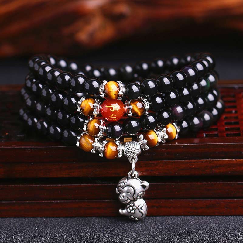 KarmaRipple's Chinese Zodiac 108 Beadwork Black Obsidian Tiger Eye Fortune Mala Bracelet p1