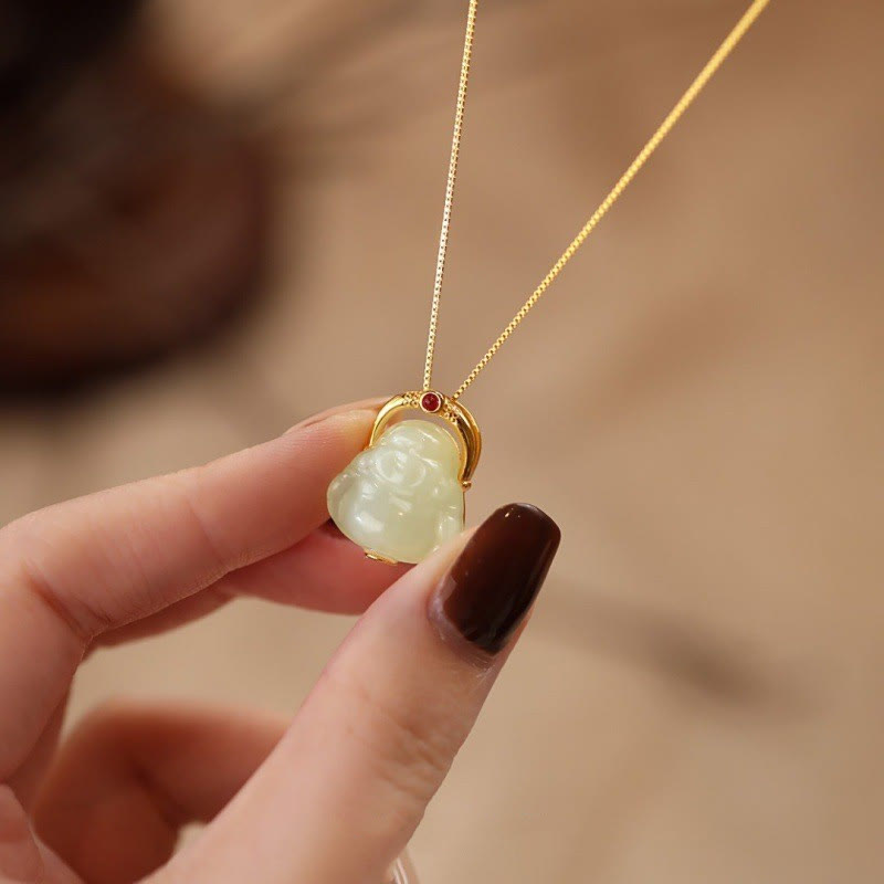 KarmaRipple's 925 Sterling Silver Authentic Hetian Jade Laughing Buddha Abundance Chain Pendant Necklace p2