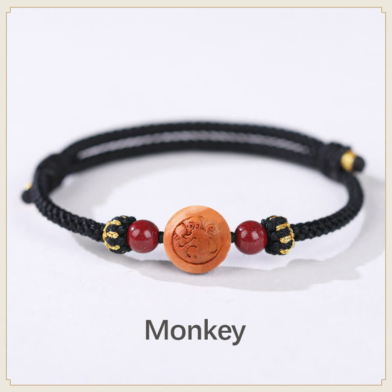 KarmaRipple's Authentic Peach Wood Chinese Zodiac Fu Character Carved Cinnabar Wealth Bracelet p49