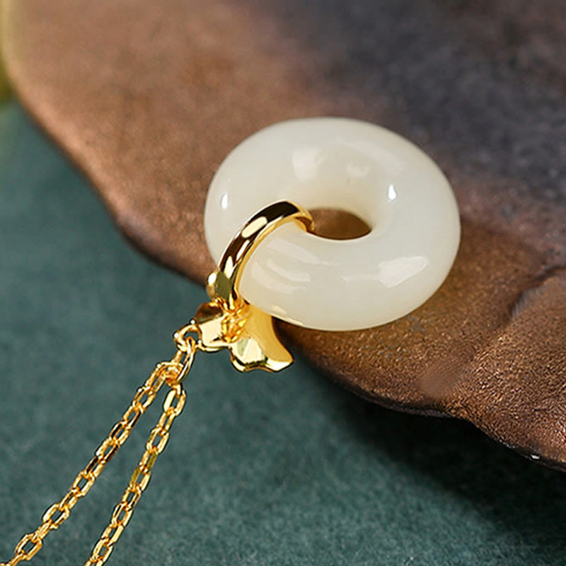KarmaRipple's 925 Sterling Silver Authentic Hetian Jade Ginkgo Leaf Peace Buckle Fortune Pendant Necklace p4