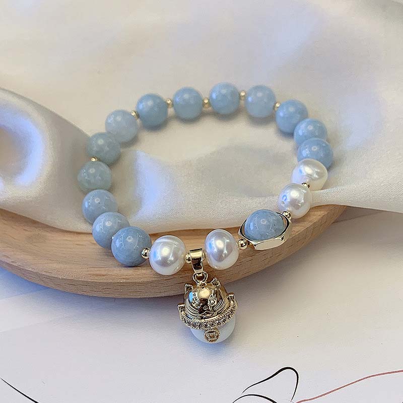 KarmaRipple's Aquamarine Pearl Peace Balancing Fortunate Cat Talisman Bracelet p5